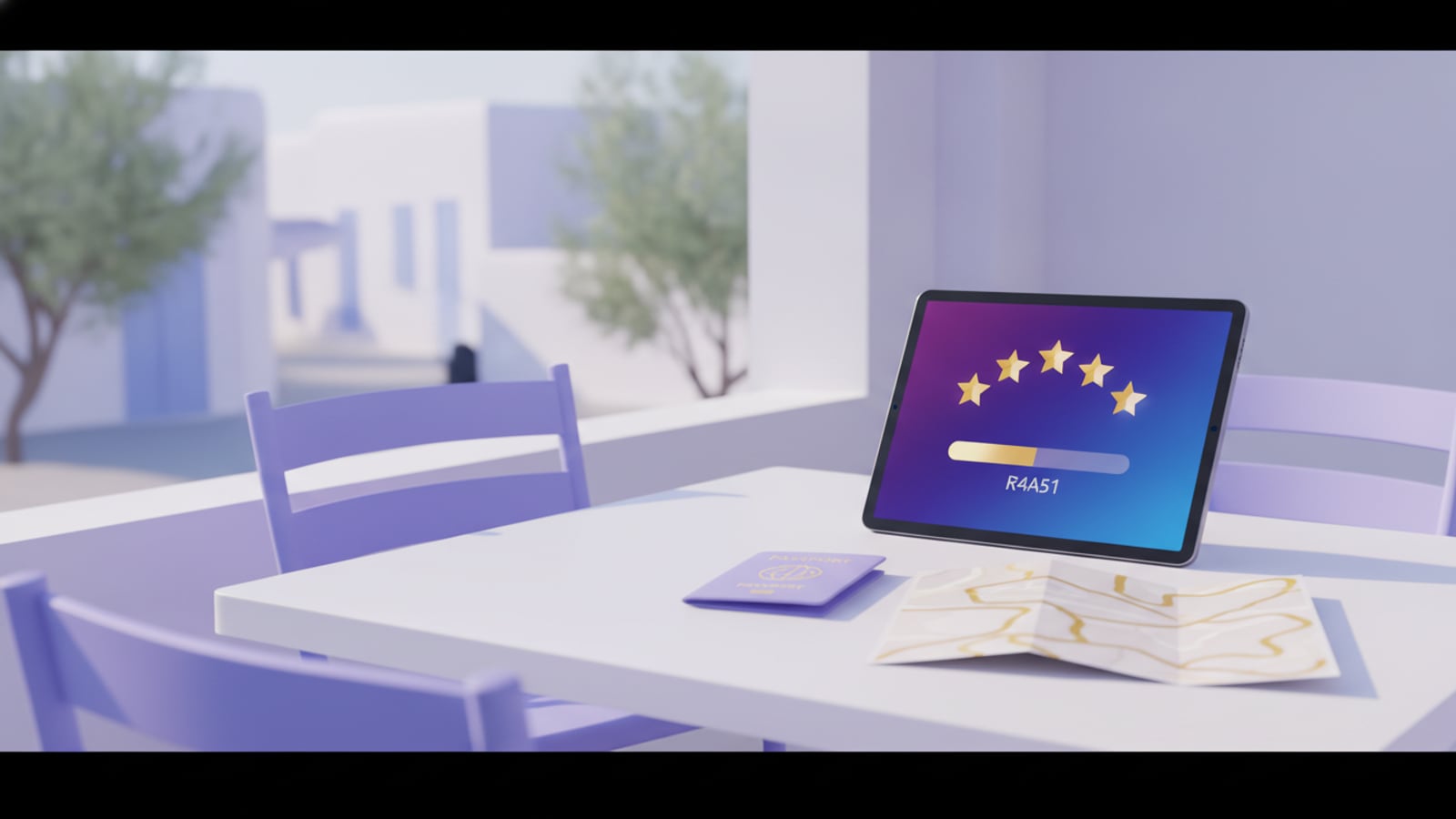 Camarero revisando en una tablet reseñas de clientes escritas en distintos idiomas en la terraza de un restaurante